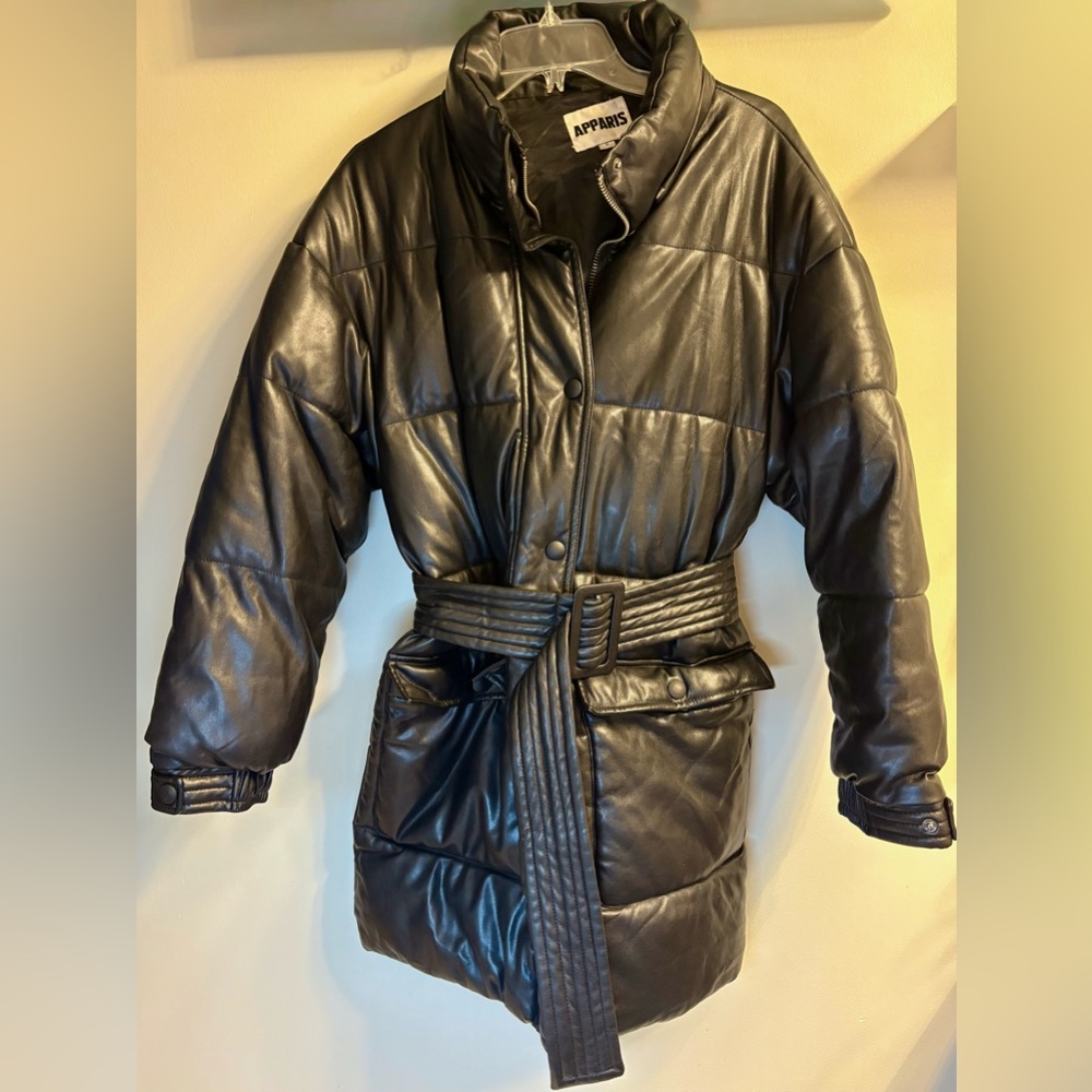 Warm Puffy Belted Black Coat Removable Hood Snap and Zipper Closures